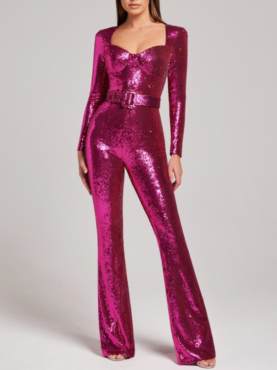 Occasion sthcute | Sequinu00A0Long Sleeve Sweetheart Necku00A0Flaredu00A0Jumpsuit Mediumvioletred