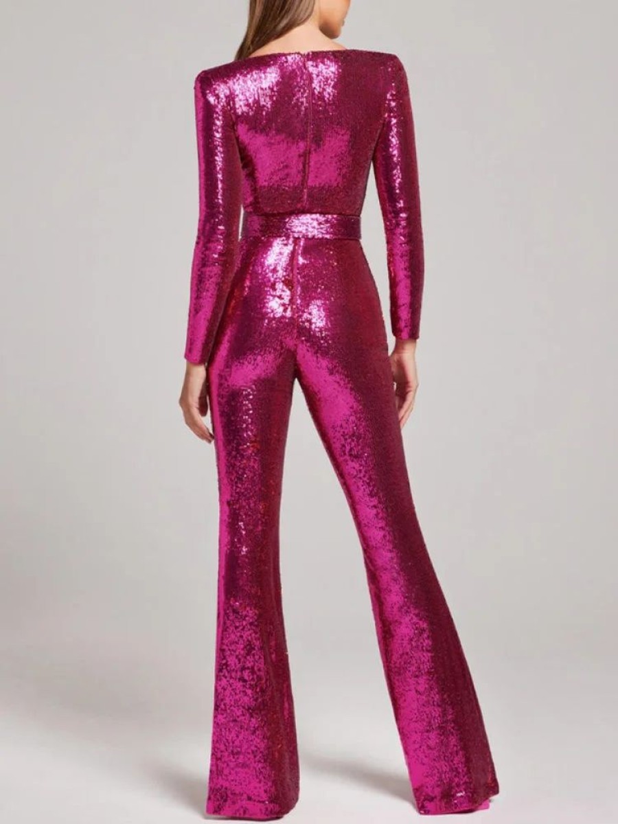 Occasion sthcute | Sequinu00A0Long Sleeve Sweetheart Necku00A0Flaredu00A0Jumpsuit Mediumvioletred