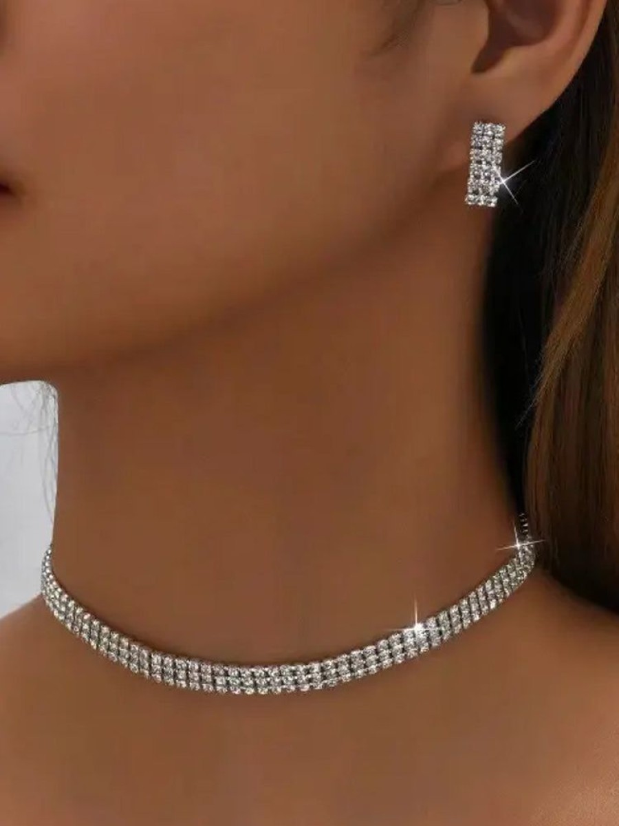 Accessories sthcute | Women Three Rowsu00A0Rhinestoneu00A0Choker Necklace Silver