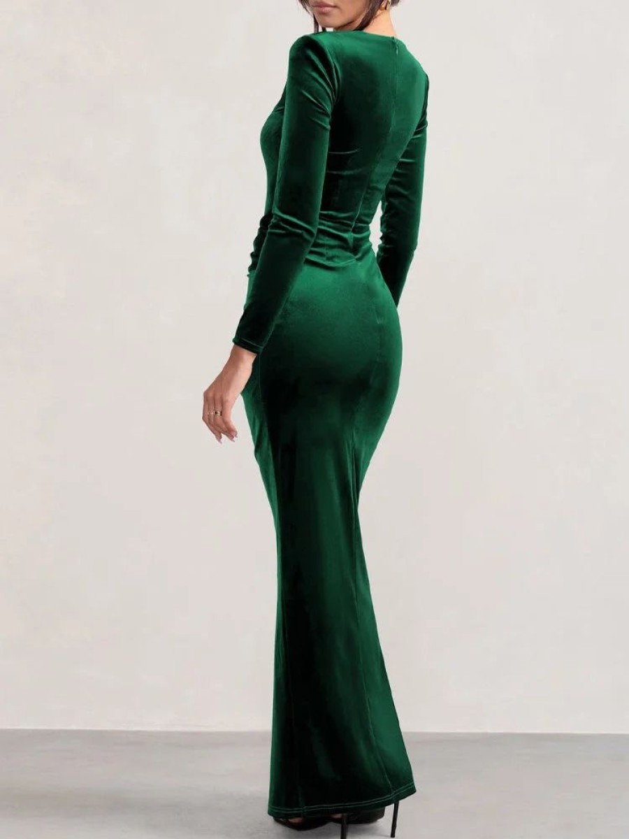 Occasion sthcute | Emerald Vintage Velvet Long Sleeve Side Slit Maxi Dress Green