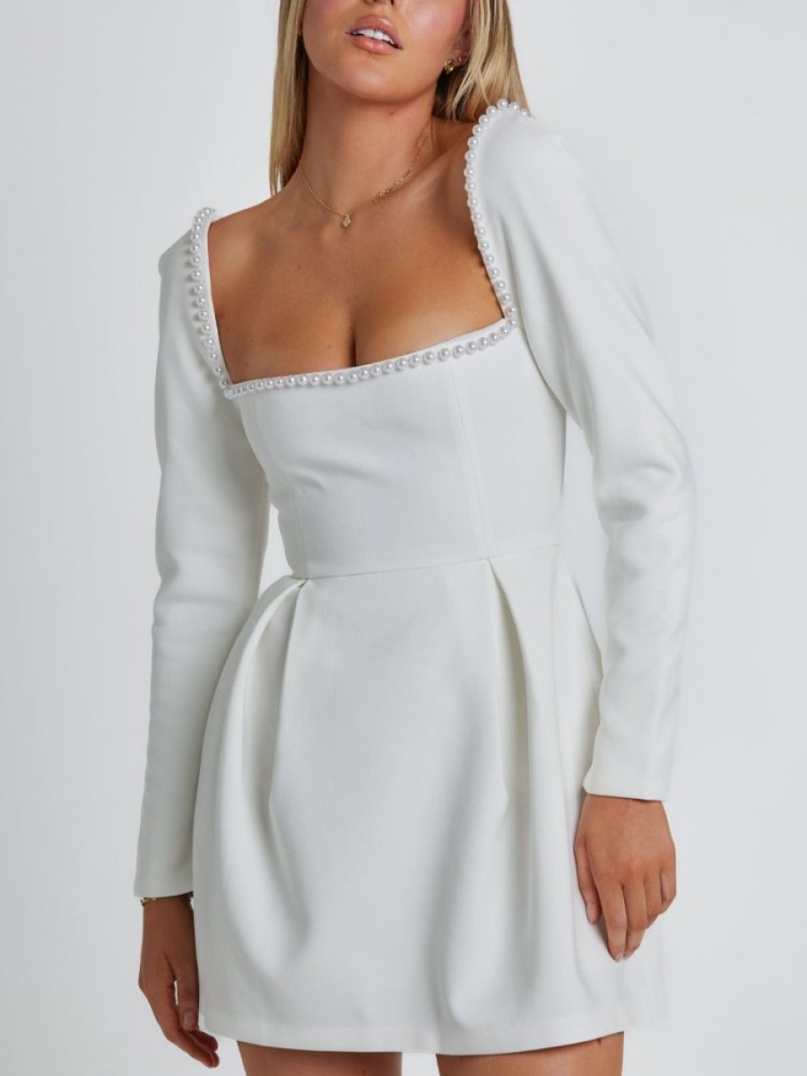 Occasion sthcute | Square Neckline Bead Trim Long Sleeve A-Line Mini Dress White