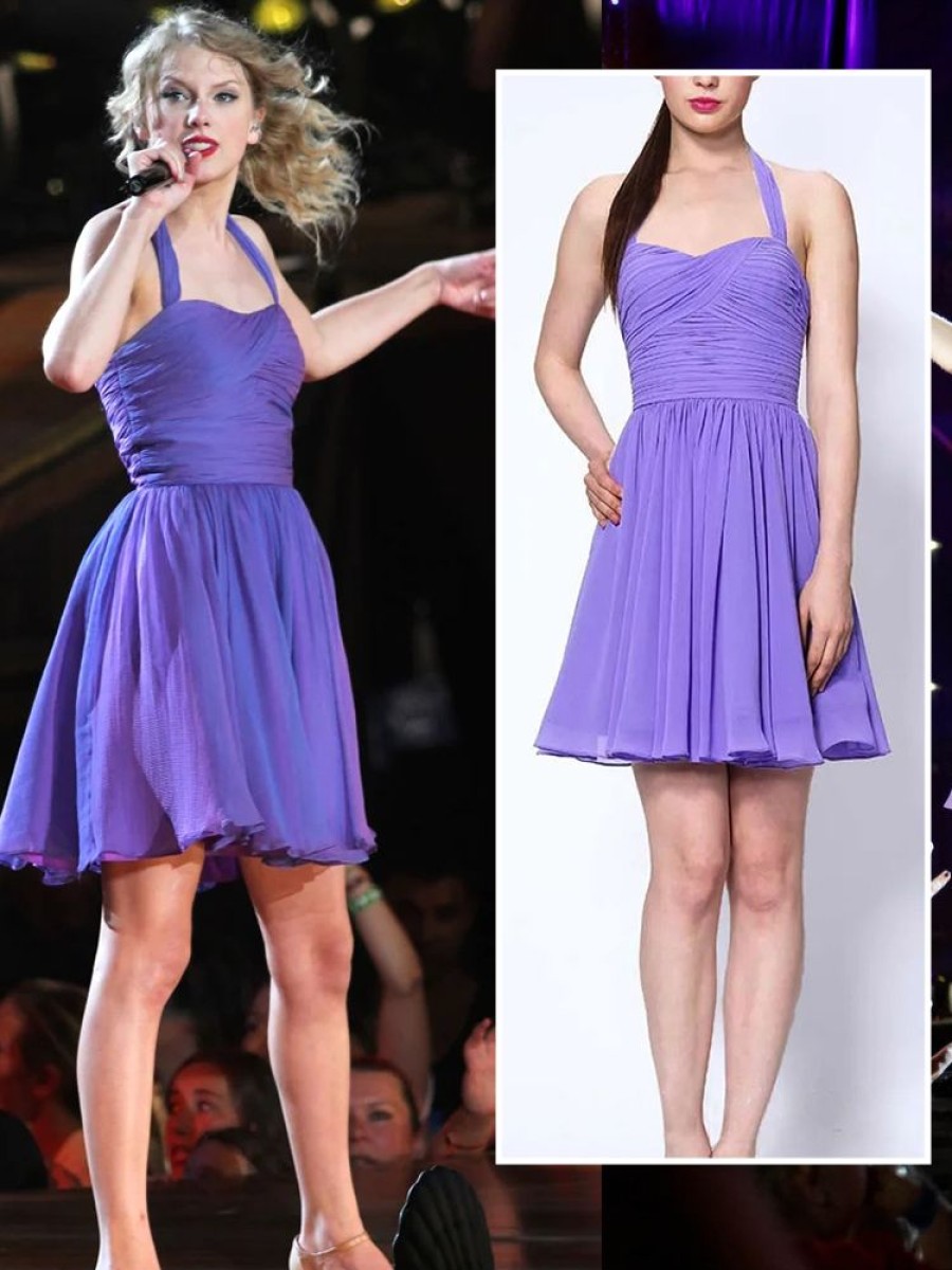 Occasion sthcute | Taylor Swiftu00A0Ruched Halteru00A0A-Lineu00A0Mini Dress Purple