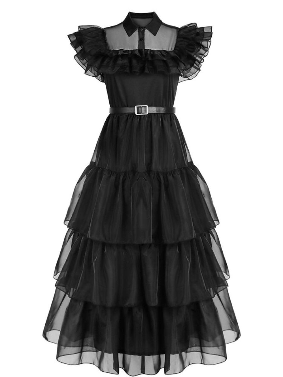 Dresses sthcute | Wednesday Addams Gothic Outfits Ruffle Little Dress Black