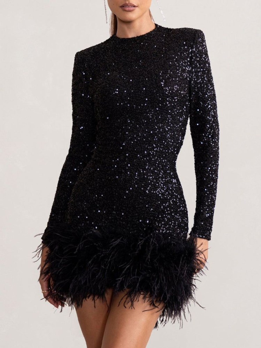 Dresses sthcute | Sequin Feather Trim Long Sleeve Bodycon Mini Dress