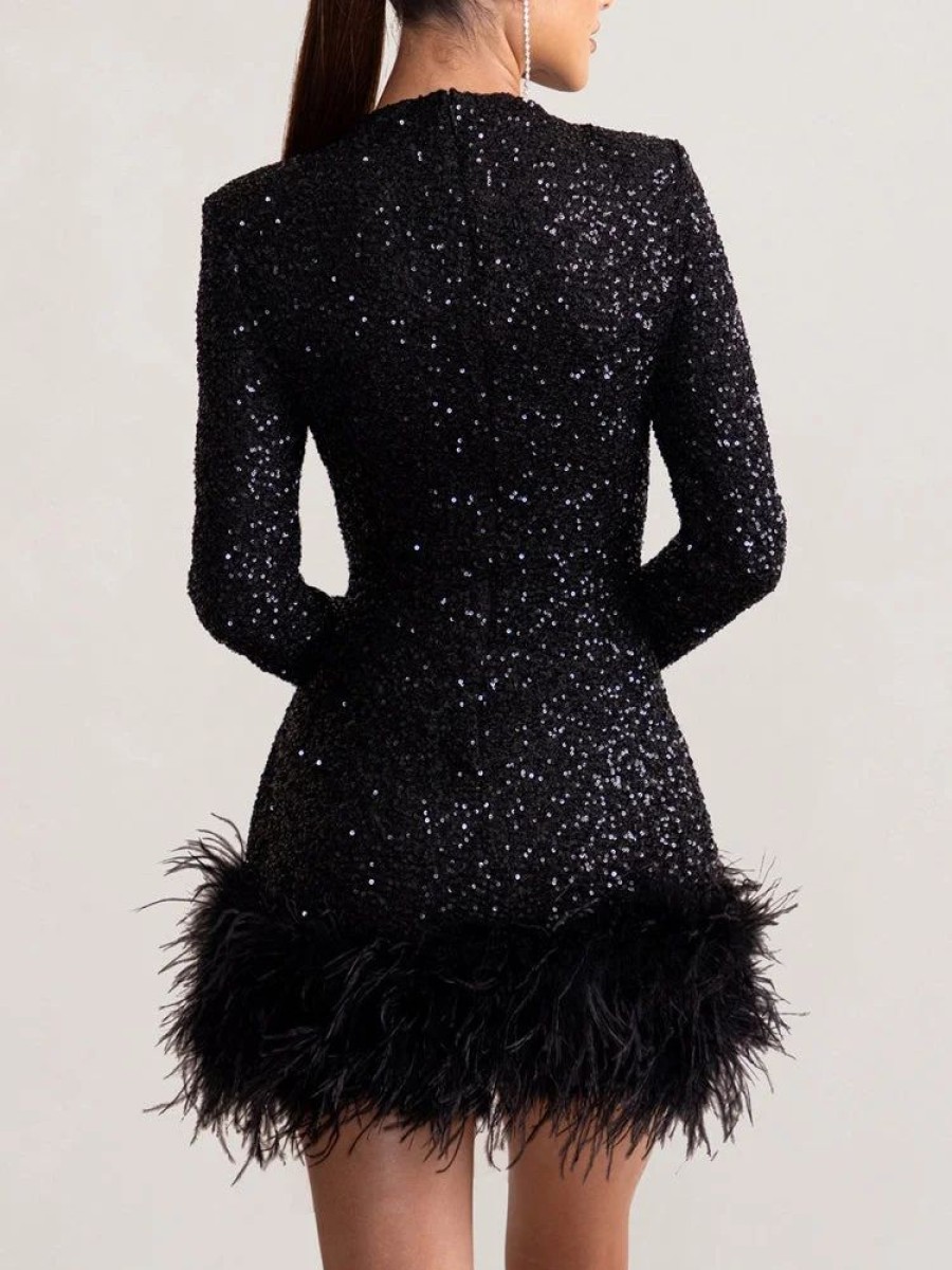 Dresses sthcute | Sequin Feather Trim Long Sleeve Bodycon Mini Dress