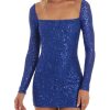 Winter Formal sthcute | Sequin Long Sleeveu00A0Square Neck Bodyconu00A0Mini Dress Blue