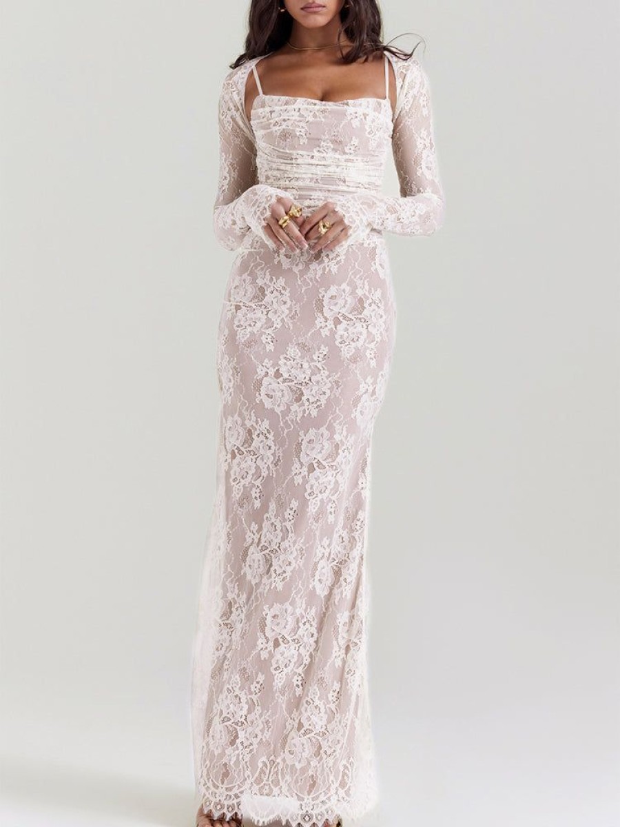 Occasion sthcute | Vintage Lace Ruched Elegant Maxi Dress With Shawl