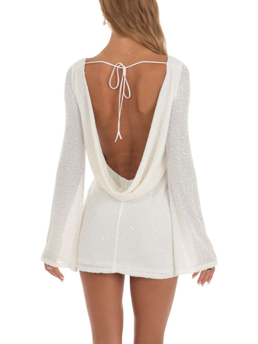 Dresses sthcute | Sequin Draped Backless Long Sleeve Mini Dress White