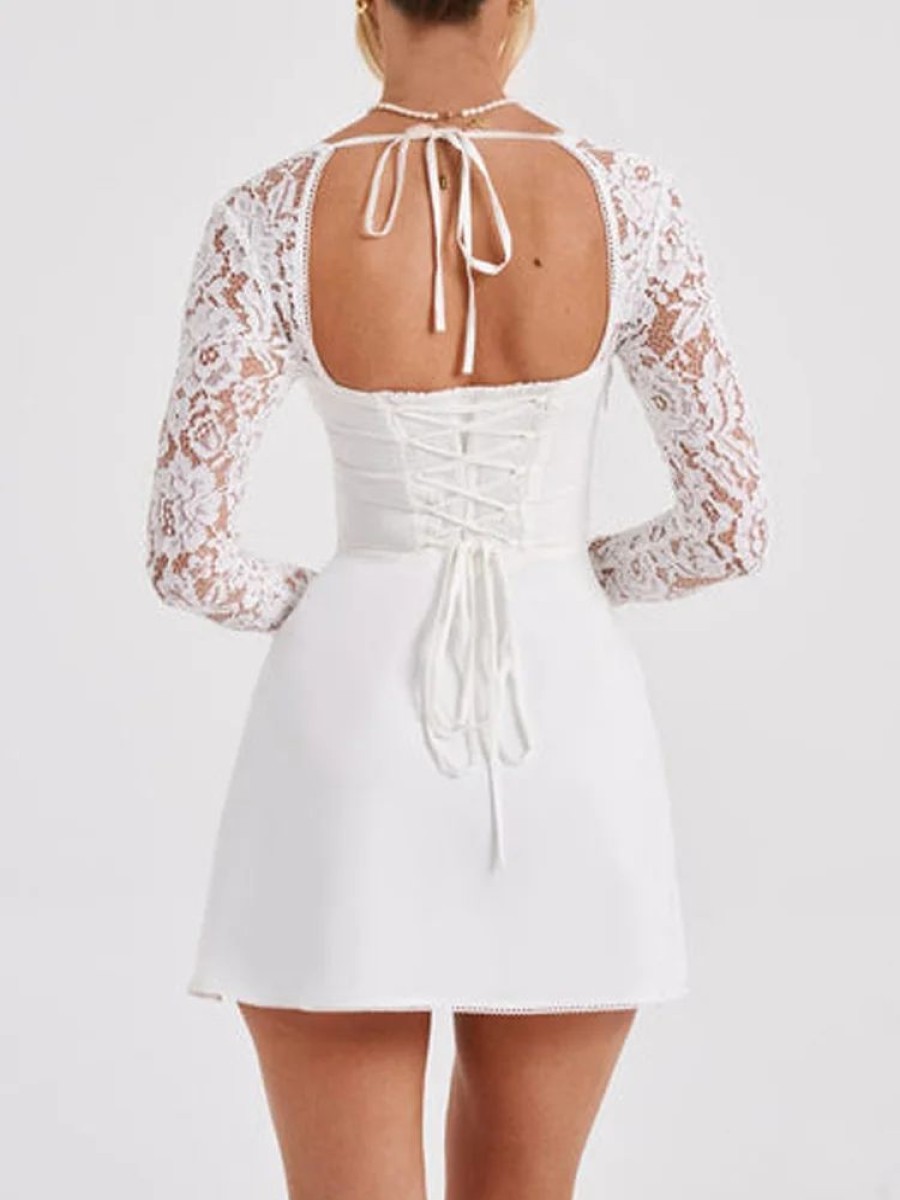 Dresses sthcute | Lace Sweetheart Neckline Backless Tie Front Mini Dress