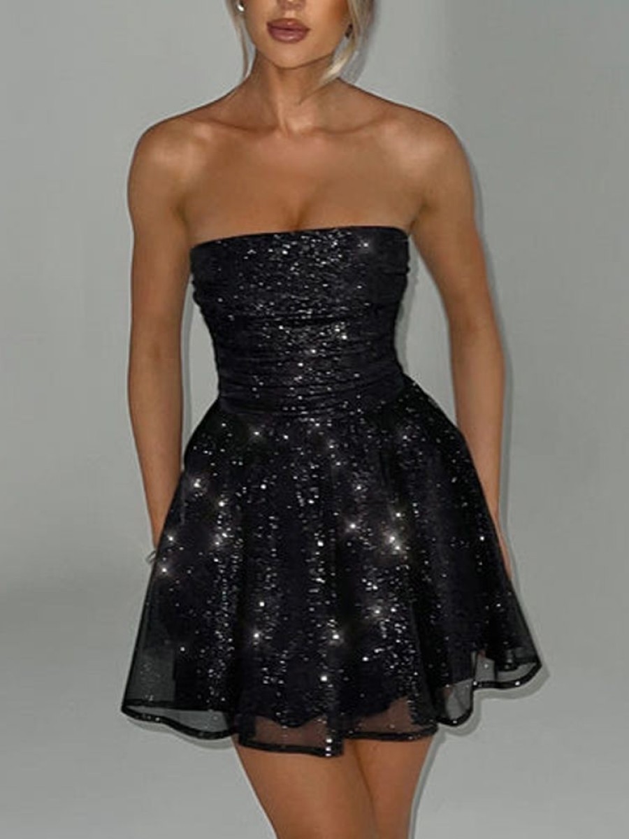 Dresses sthcute | Sparkle Mesh Strapless Bow Back A-Line Mini Dress