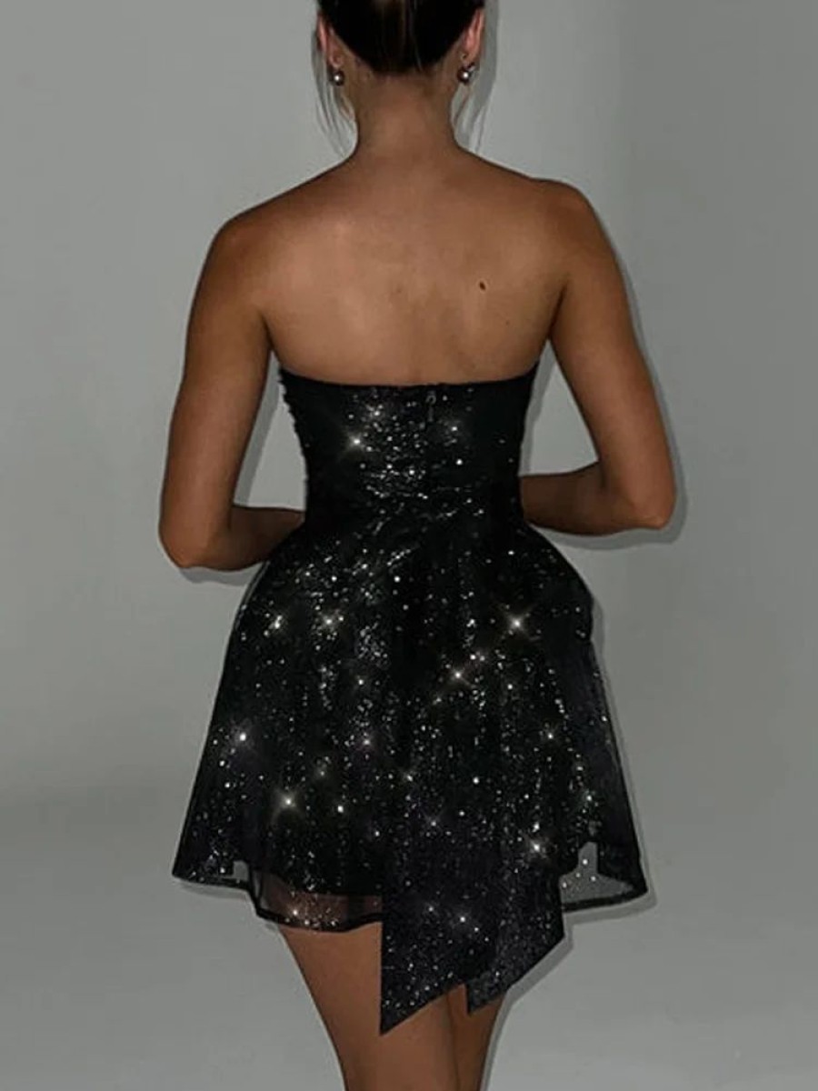 Dresses sthcute | Sparkle Mesh Strapless Bow Back A-Line Mini Dress