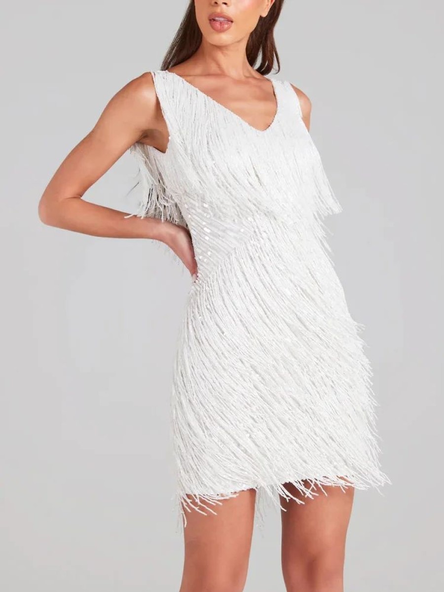 Dresses sthcute | V Neckline Fringe Sleeveless Mini Dress White