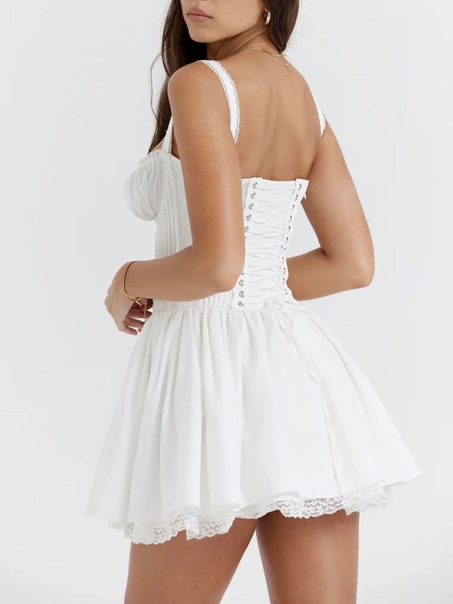 Dresses sthcute | Lace Trim Square Neckline Pleated Mini Dress White