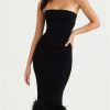 Winter Formal sthcute | Strapless Feather Trim Midi Prom Dress Black