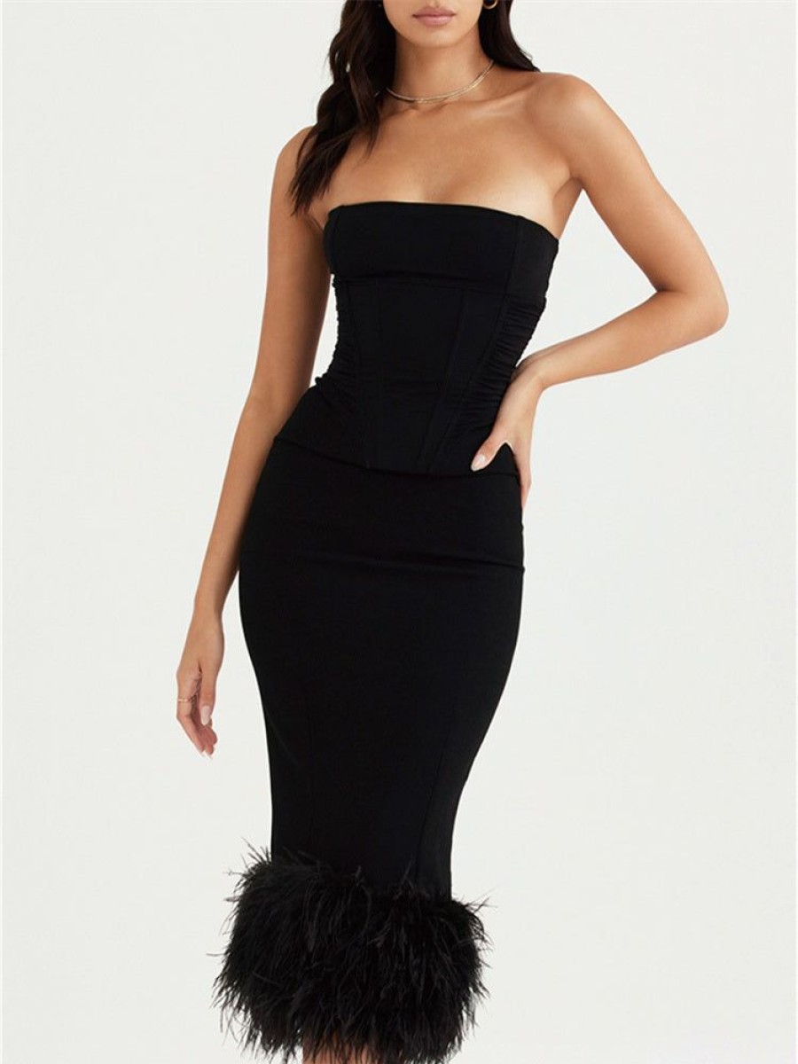 Winter Formal sthcute | Strapless Feather Trim Midi Prom Dress Black