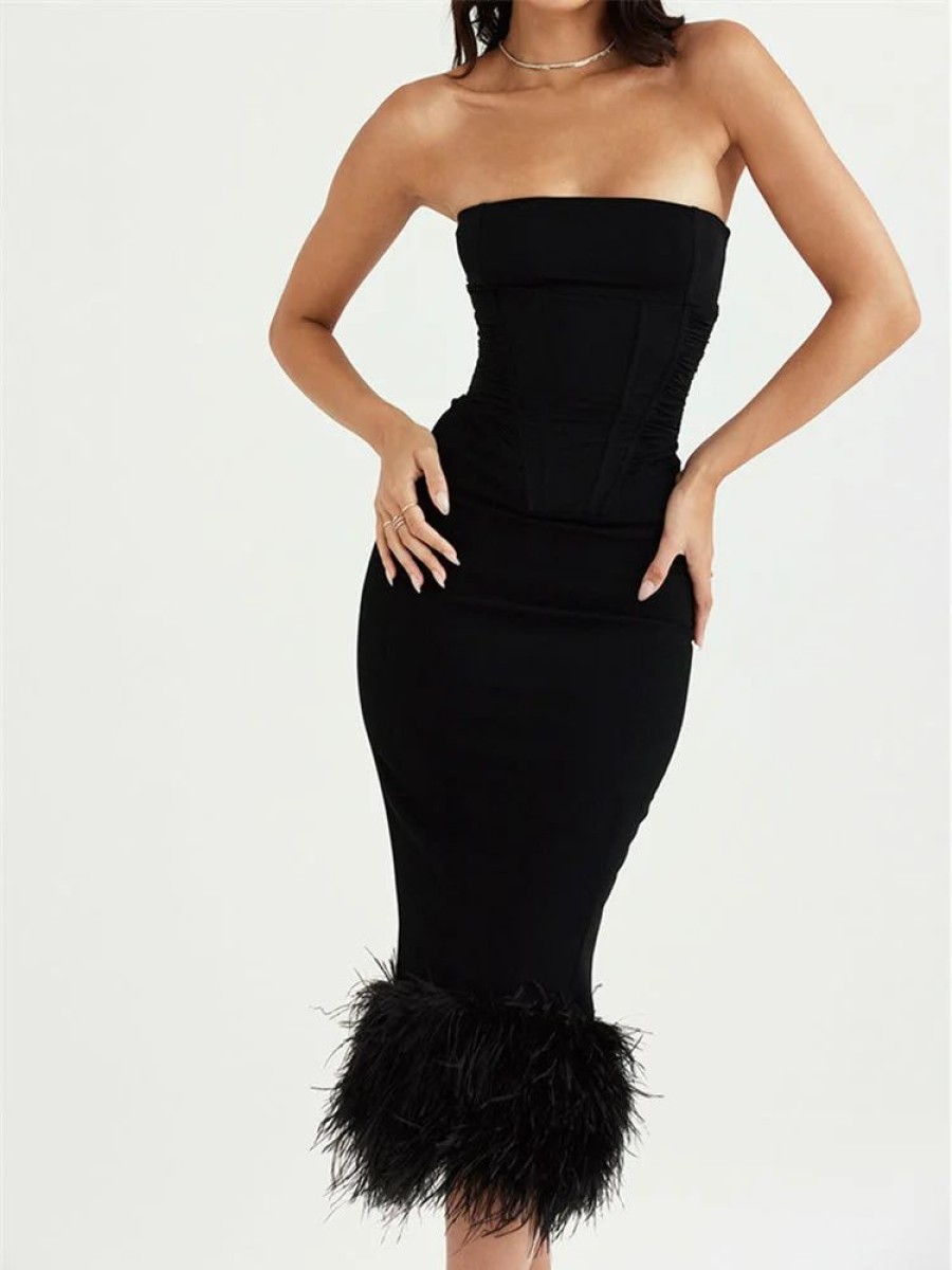 Winter Formal sthcute | Strapless Feather Trim Midi Prom Dress Black