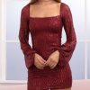 Winter Formal sthcute | Sequin Square Neckline Lantern Sleeve Mini Dress Darkred