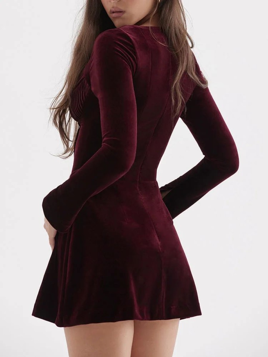 Dresses sthcute | Velvet Pin Tuck V Neck Long Sleeve A-Line Mini Dress