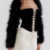 Tops sthcute | Open Front Tie Detail Feather Long Sleeve Jacket