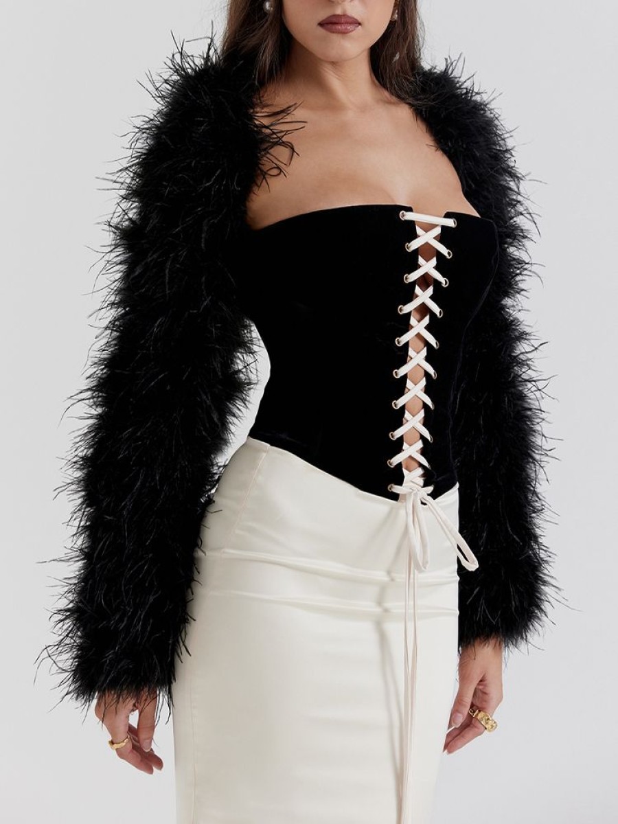 Tops sthcute | Open Front Tie Detail Feather Long Sleeve Jacket