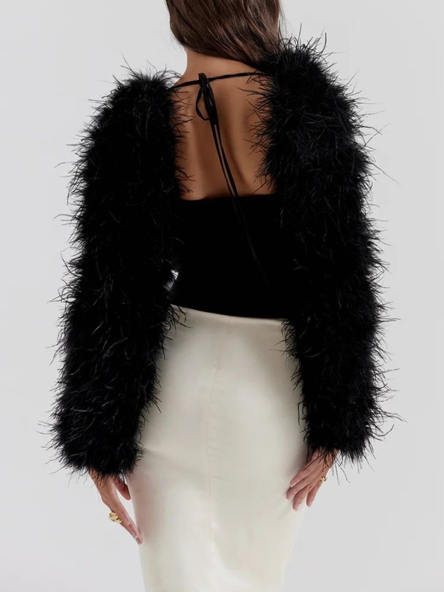 Tops sthcute | Open Front Tie Detail Feather Long Sleeve Jacket