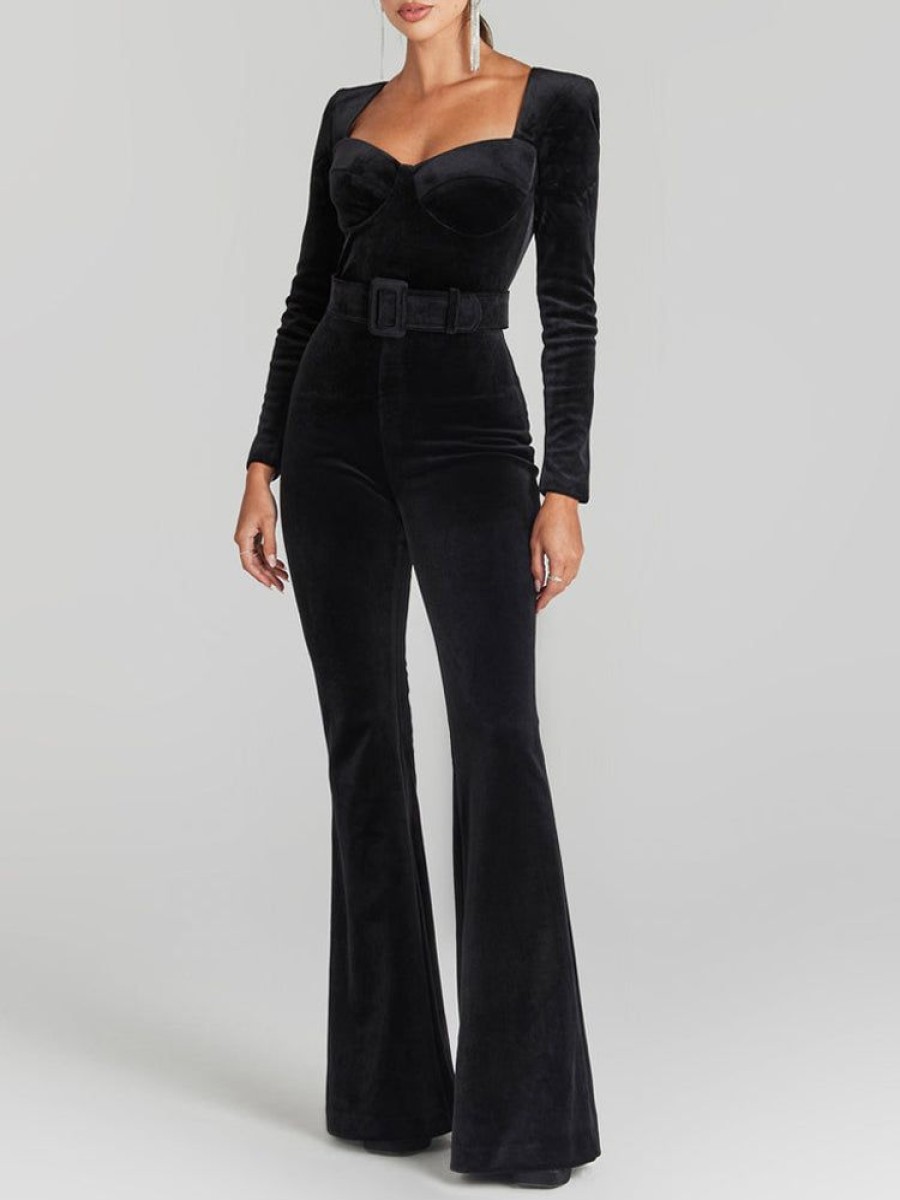 Occasion sthcute | Formal Velvet Long Sleeve Flaredu00A0Jumpsuit With Belt