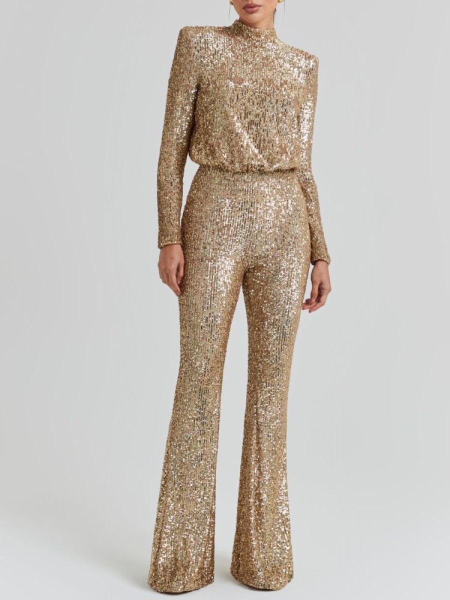 Jumpsuit Sthcute | Sequin Mock Neckline Backless Long Sleeve Jumpsuit Gold