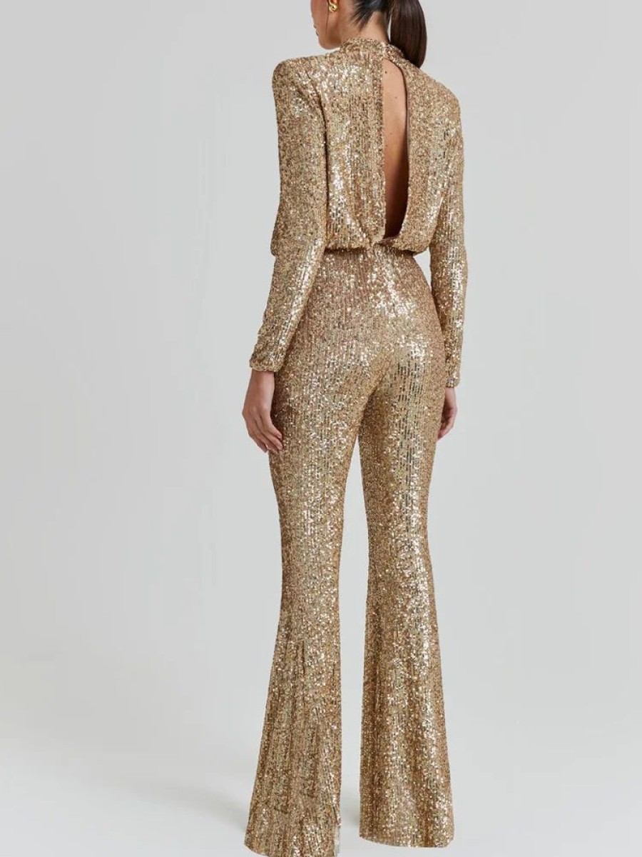 Jumpsuit Sthcute | Sequin Mock Neckline Backless Long Sleeve Jumpsuit Gold