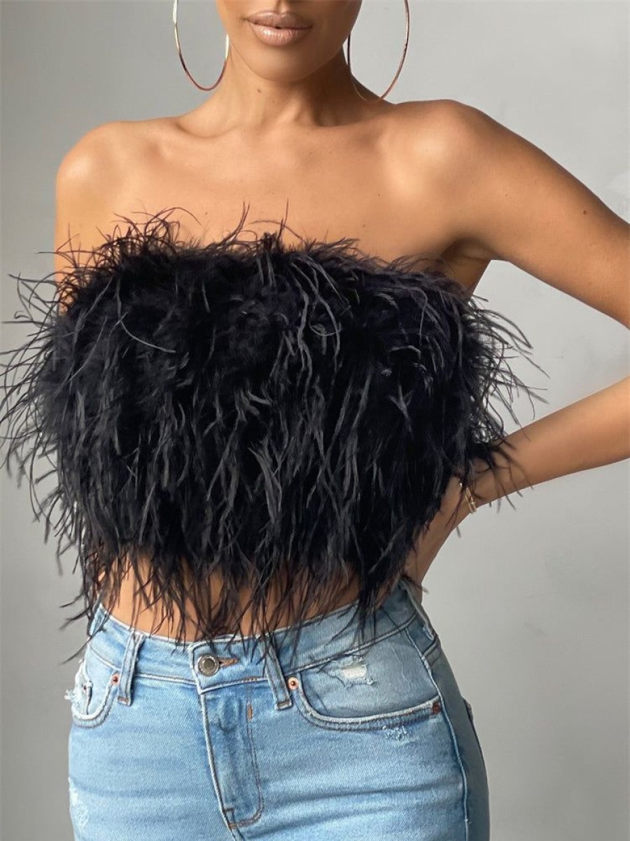 Tops sthcute | Strapless Women Feather Bandeau Crop Top