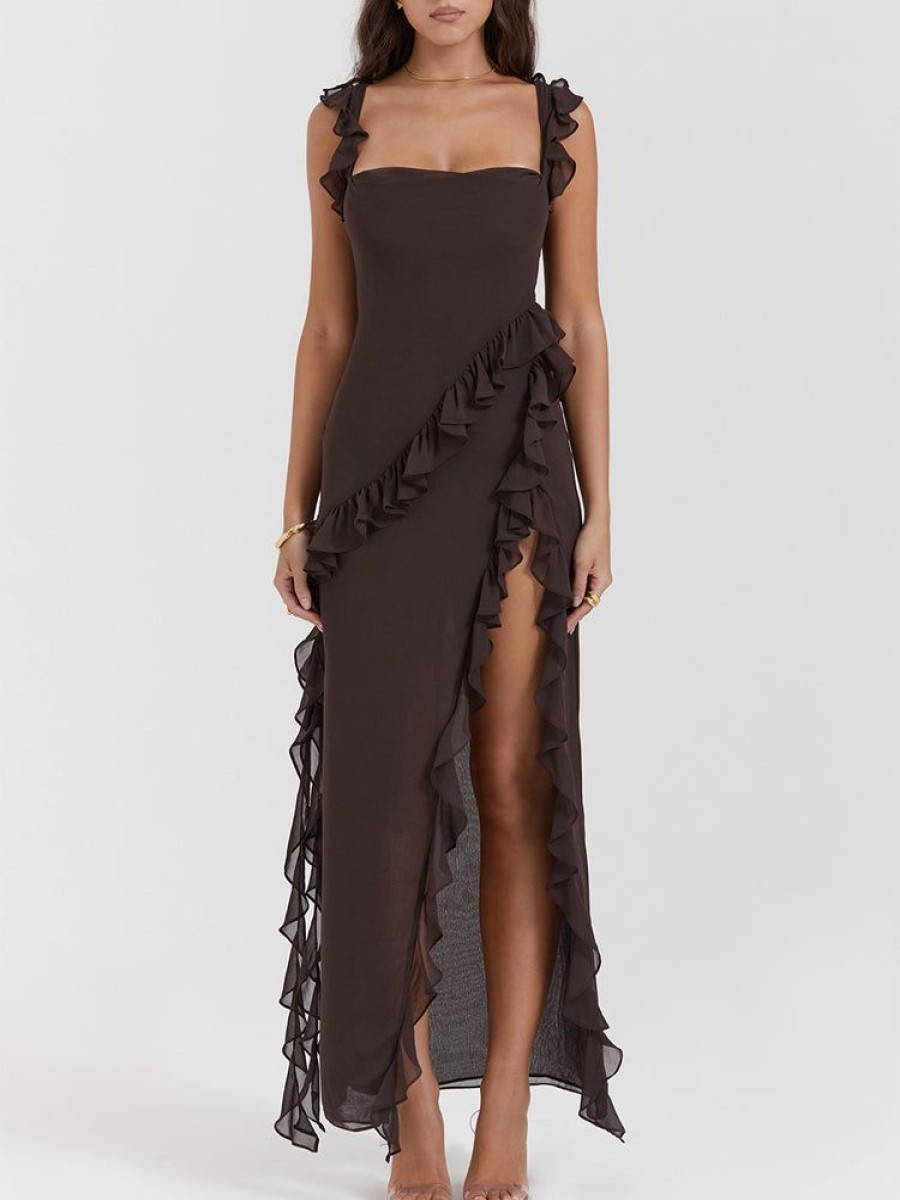 Occasion sthcute | Low Back Ruffle Frill Trim High Split Maxi Dress