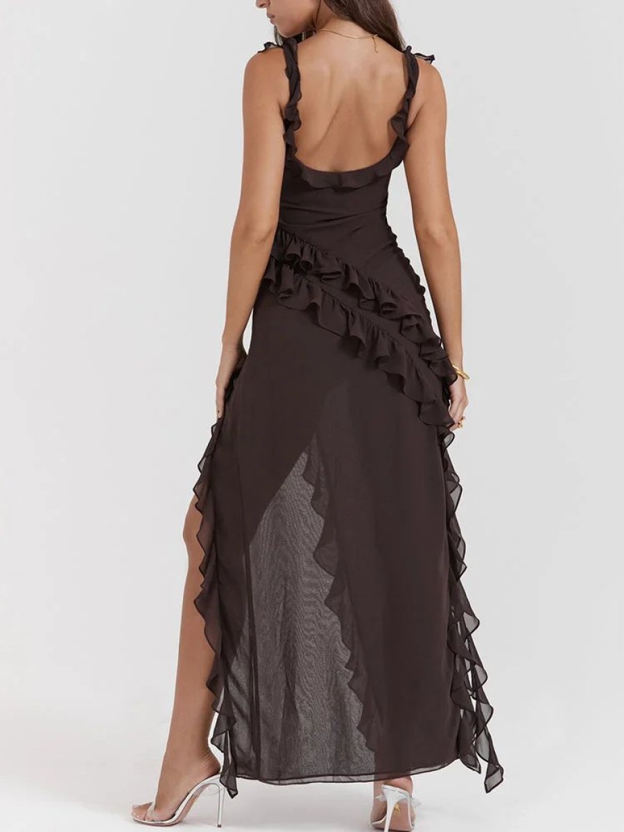 Occasion sthcute | Low Back Ruffle Frill Trim High Split Maxi Dress