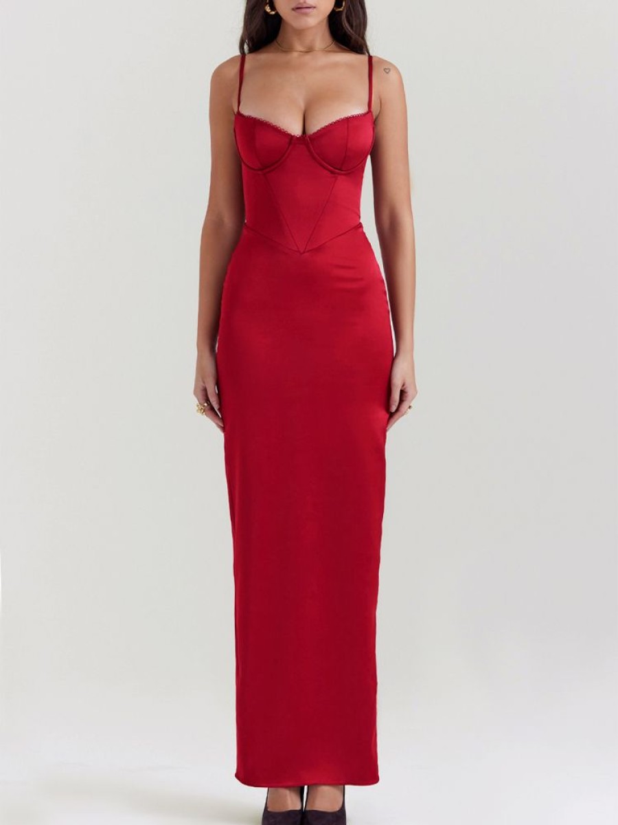 Occasion sthcute | Satin V Necklineu00A0Corset Slit Bodycon Maxi Dress Darkred