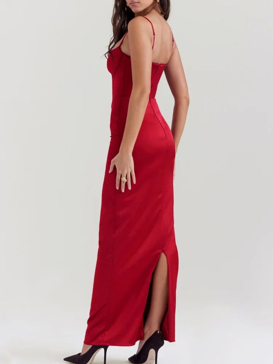 Occasion sthcute | Satin V Necklineu00A0Corset Slit Bodycon Maxi Dress Darkred