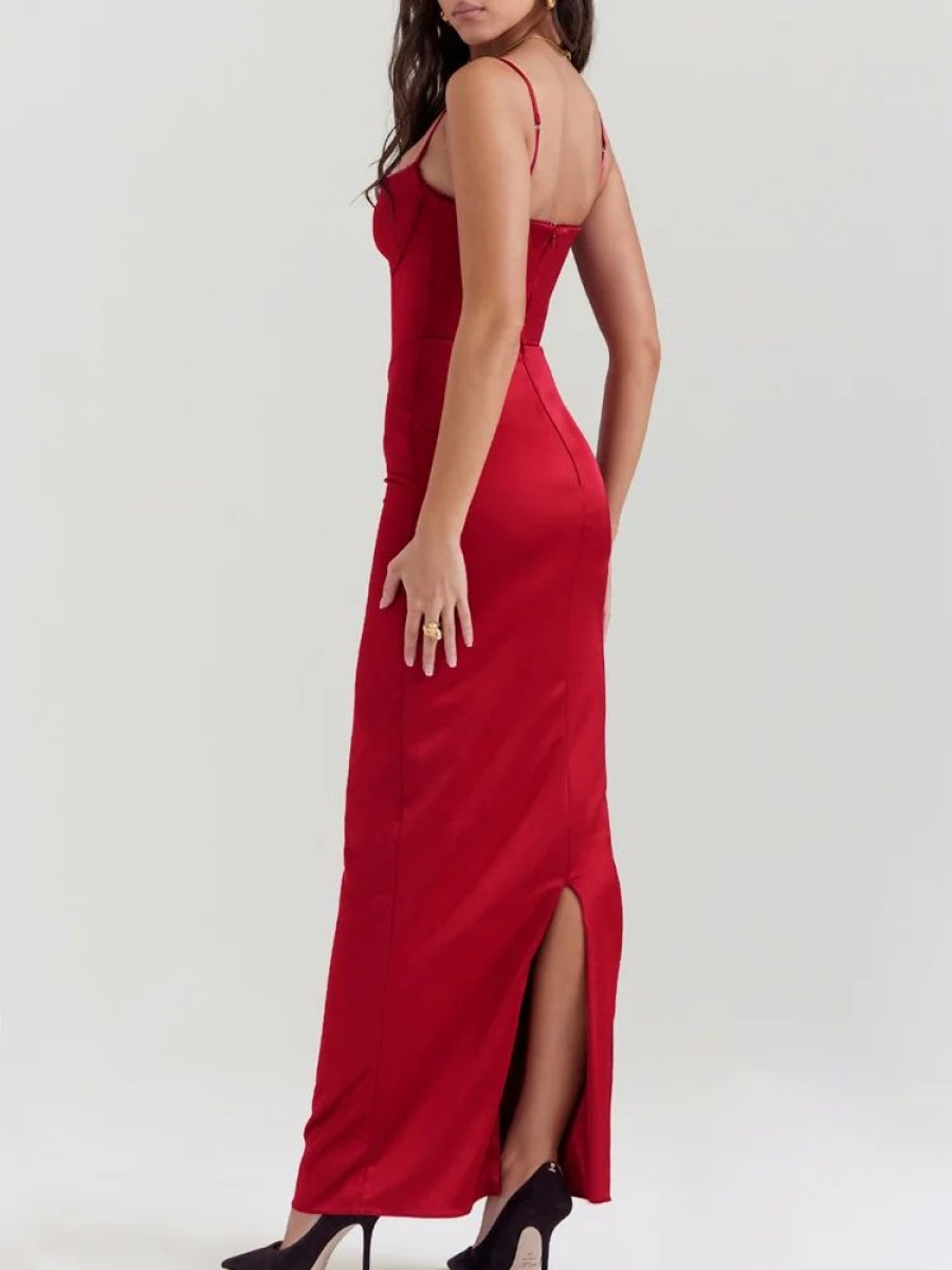 Dresses sthcute | Satin V Necklineu00A0Corset Slit Bodycon Maxi Dress Darkred