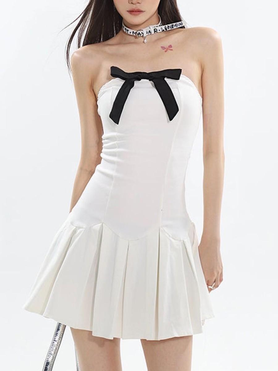 Occasion sthcute | Strapless Bow Embellished Pleated Mini Dress White