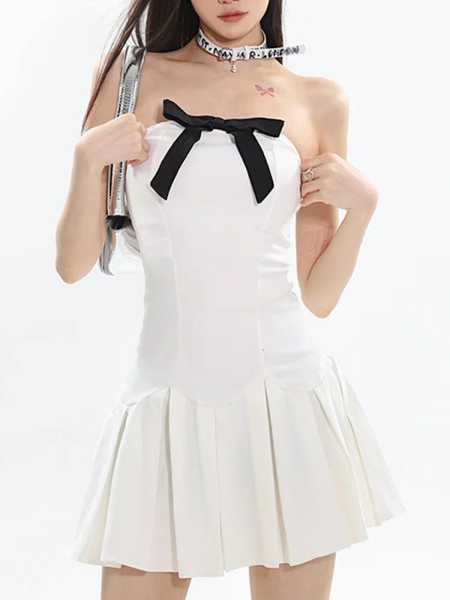 Occasion sthcute | Strapless Bow Embellished Pleated Mini Dress White