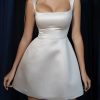 Winter Formal sthcute | Satin Square Neckline Cinched Waist Mini Dress White