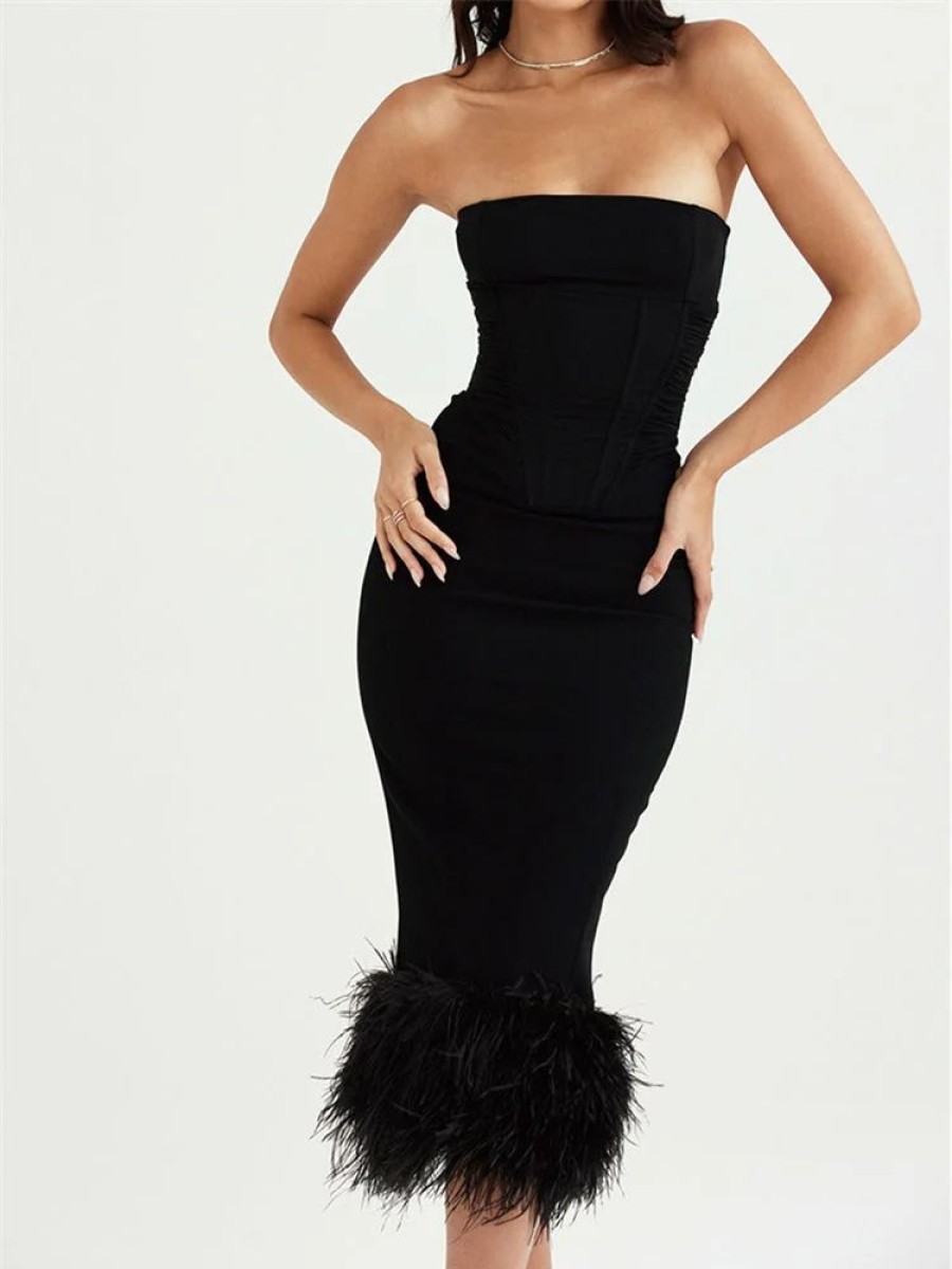 Dresses sthcute | Strapless Feather Trim Midi Prom Dress Black