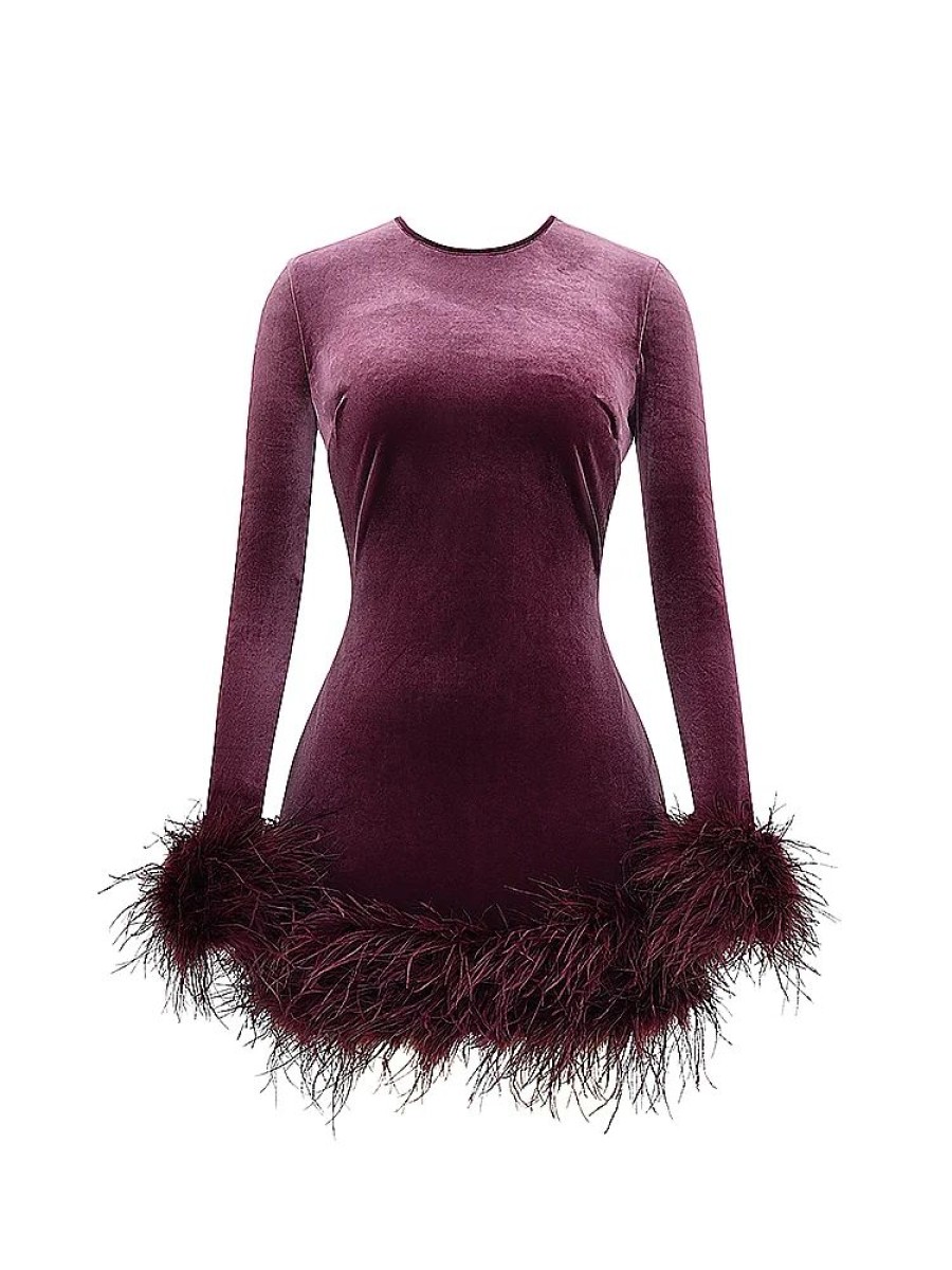 Dresses sthcute | Velvetu00A0Round Neck Feather Trim Bodycon Mini Dress