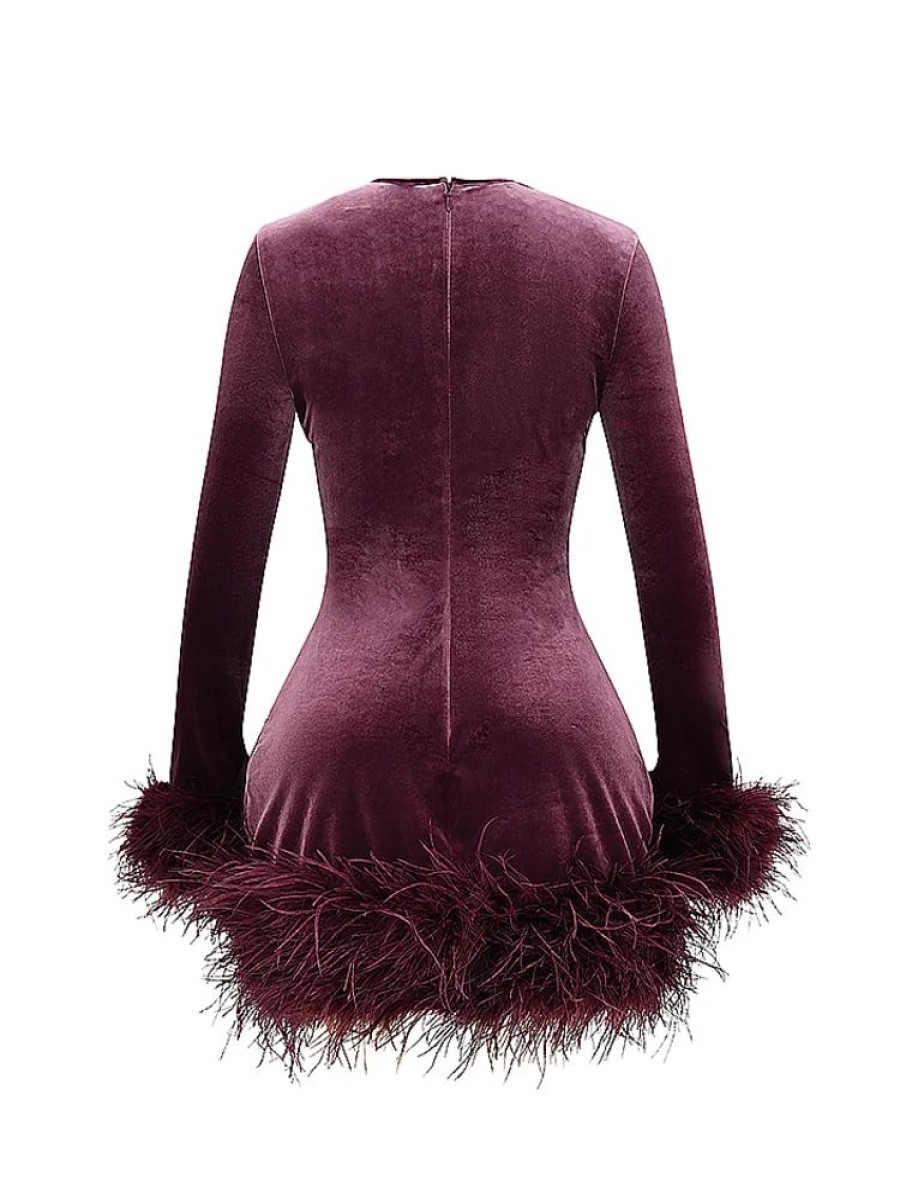 Dresses sthcute | Velvetu00A0Round Neck Feather Trim Bodycon Mini Dress