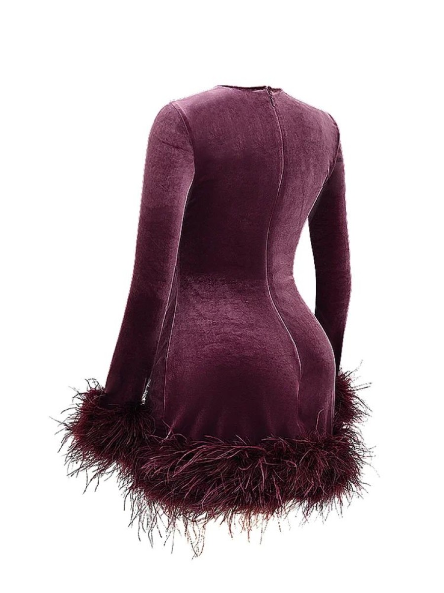 Dresses sthcute | Velvetu00A0Round Neck Feather Trim Bodycon Mini Dress