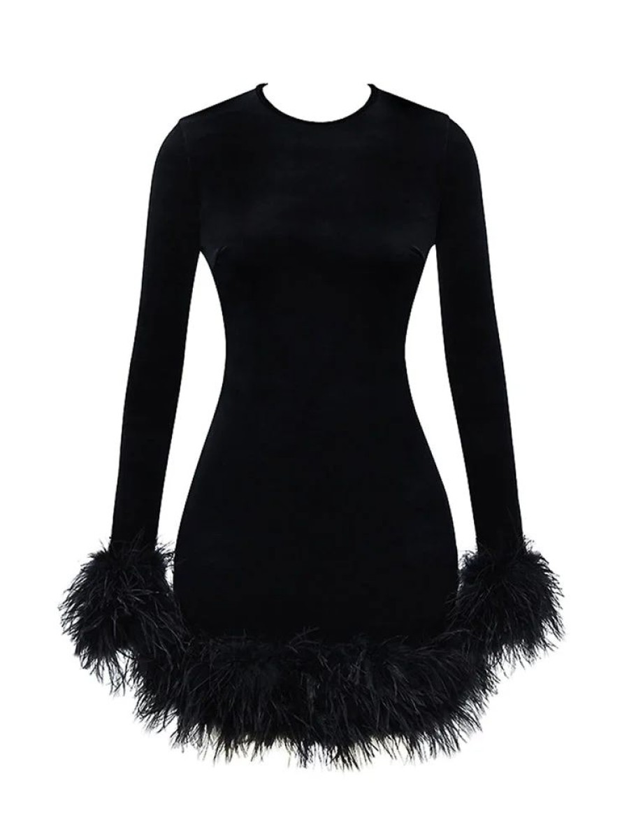 Dresses sthcute | Velvetu00A0Round Neck Feather Trim Bodycon Mini Dress