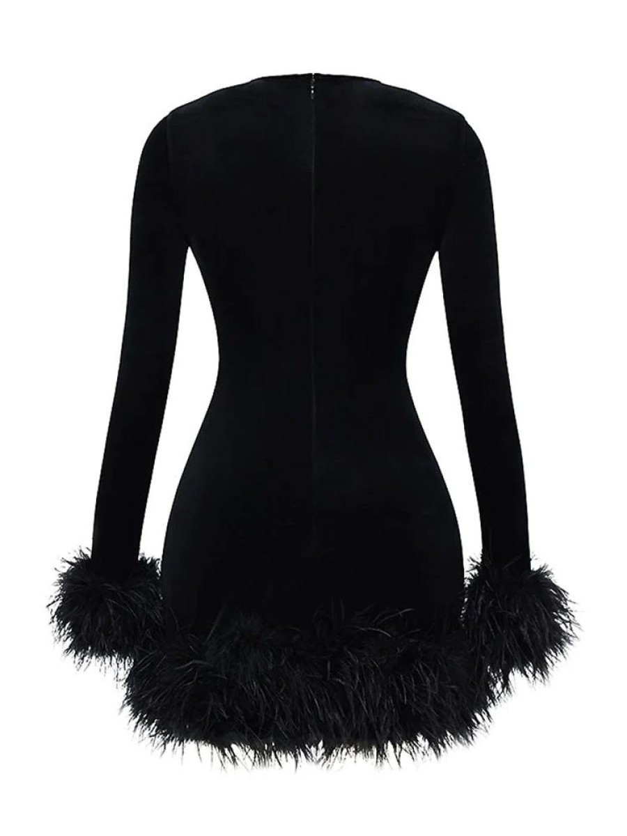 Dresses sthcute | Velvetu00A0Round Neck Feather Trim Bodycon Mini Dress