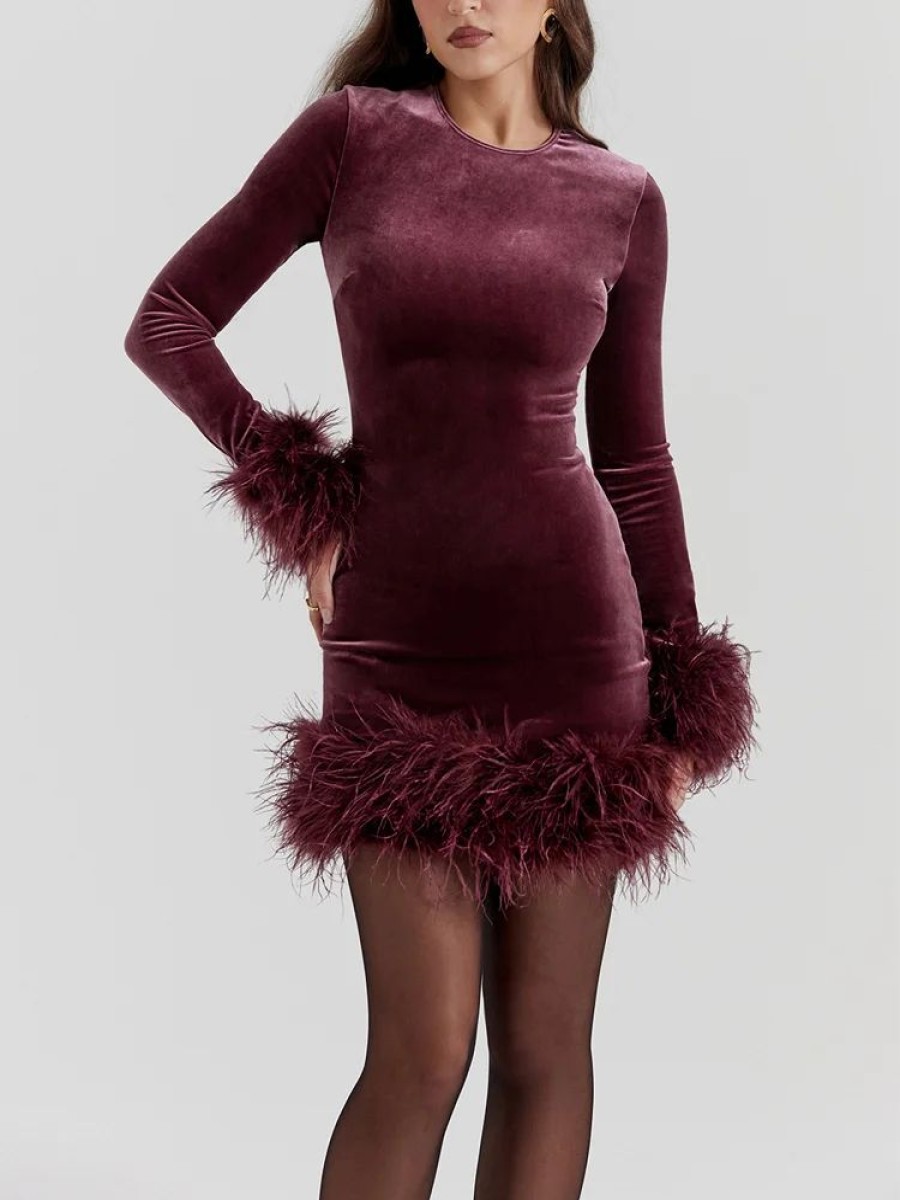 Dresses sthcute | Velvetu00A0Round Neck Feather Trim Bodycon Mini Dress