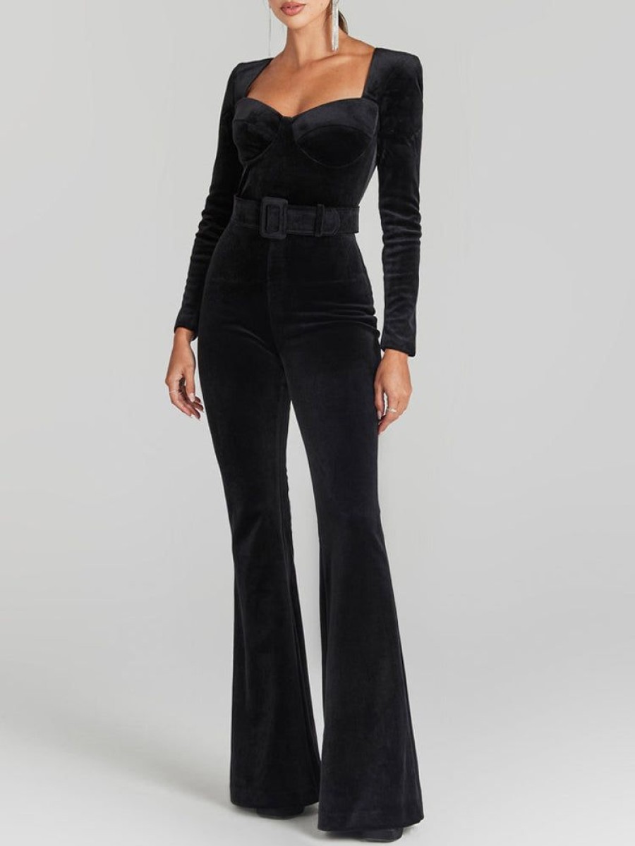 Jumpsuit sthcute | Formal Velvet Long Sleeve Flaredu00A0Jumpsuit With Belt