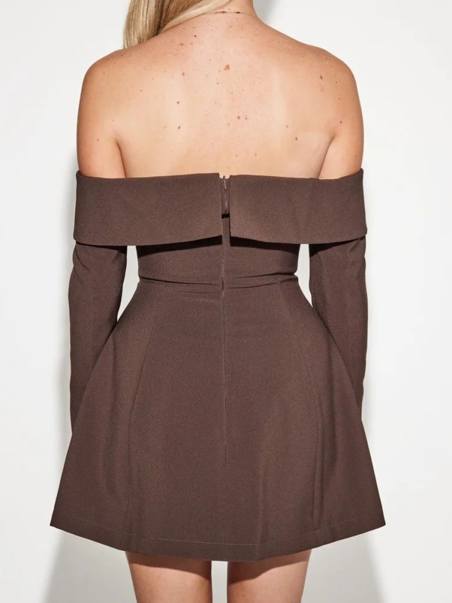 Occasion sthcute | Off Shoulder Button Front A-Line Mini Dress Brown