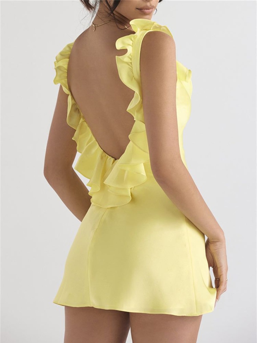 Occasion sthcute | Satin Sleeveless Ruffle Open Back V Neck Mini Dress