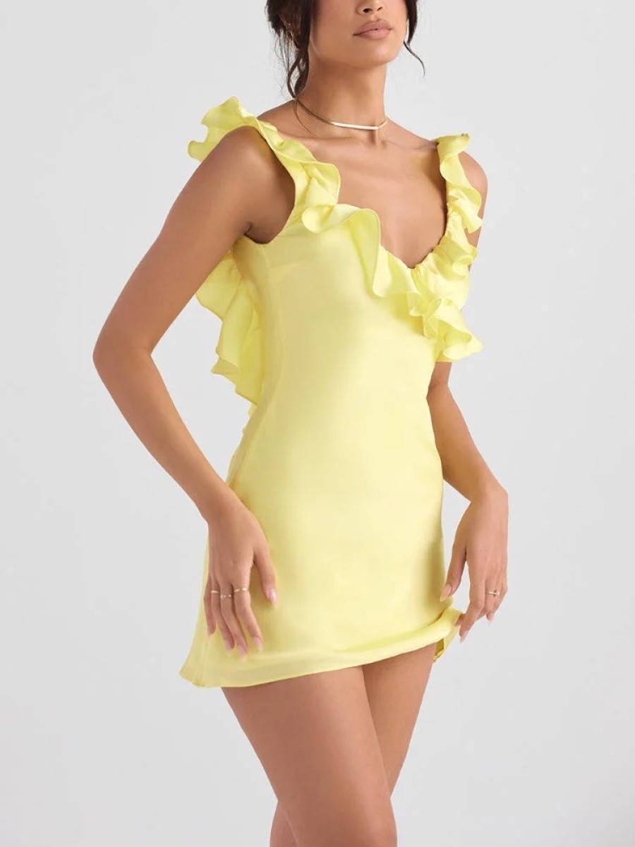 Occasion sthcute | Satin Sleeveless Ruffle Open Back V Neck Mini Dress