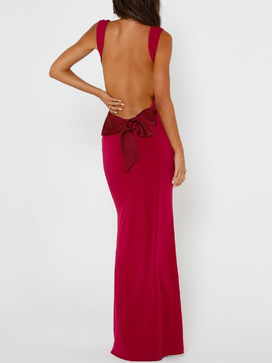 Dresses sthcute | Cowl Neckline Backless Bow Embellished Maxi Dress