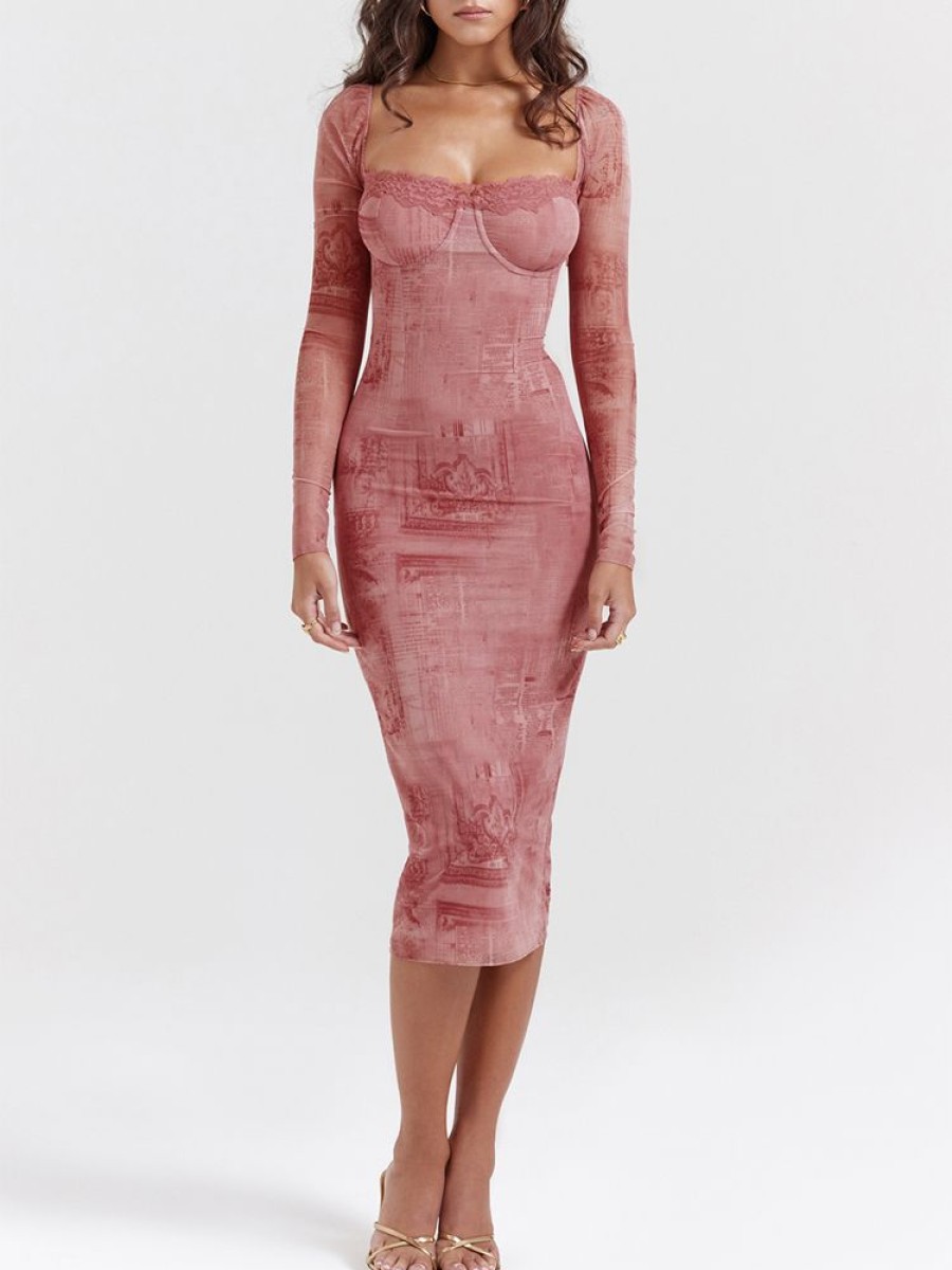 Occasion sthcute | Sweetheart Neckline Lace Trim Bodycon Midi Dress Pink